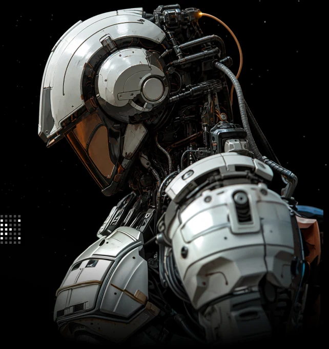 A detailed white-and-black mech generated as a 3D model