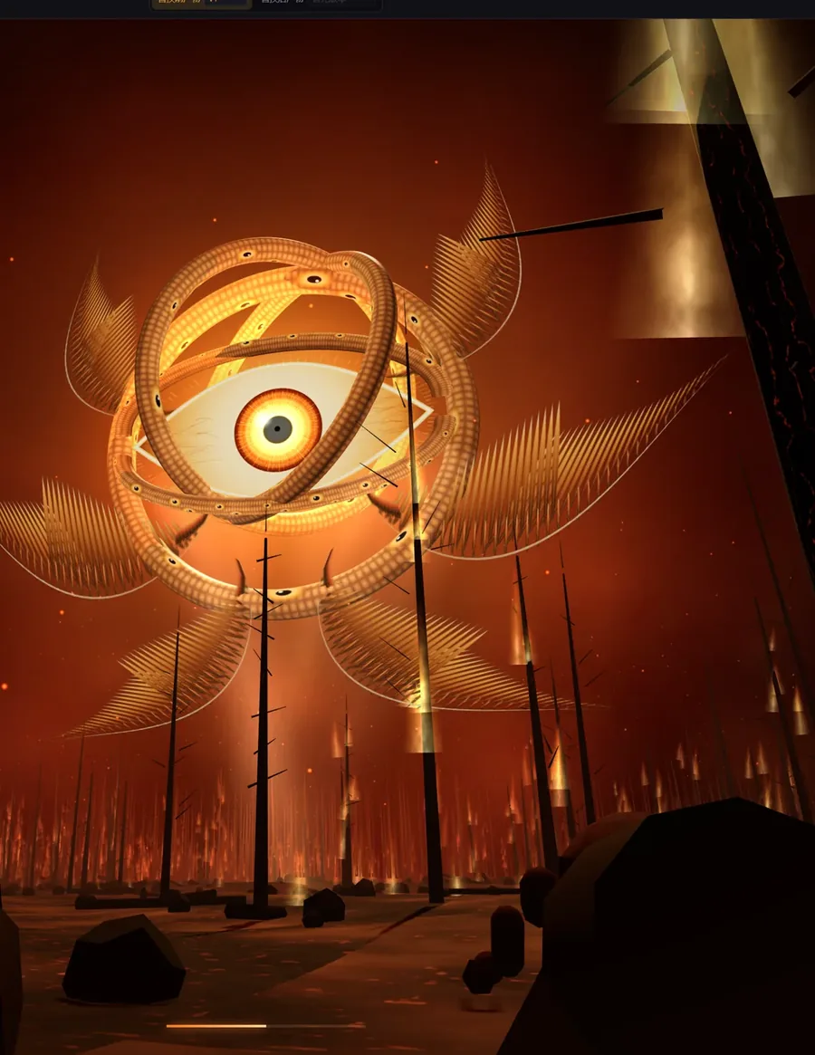 Gilded Eye — a giant golden armillary eye suspended in a crimson hall