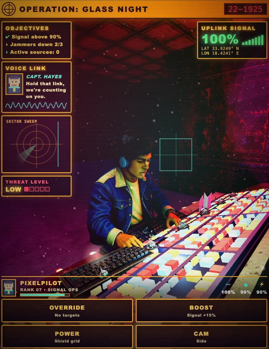 Glass Night — an operator running a night op from a glowing console