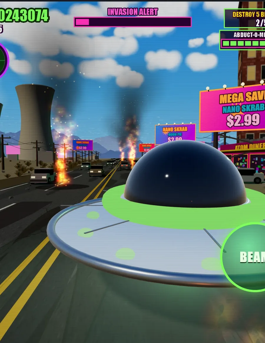 Invasion Alert — a flying saucer beaming up a billboard-lined highway