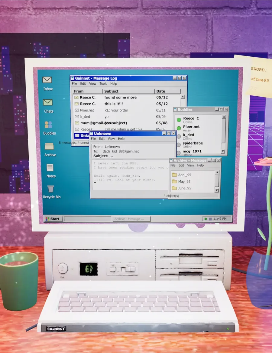 Neno Cyber 2000 — a 90s CRT desktop crowded with open chat windows