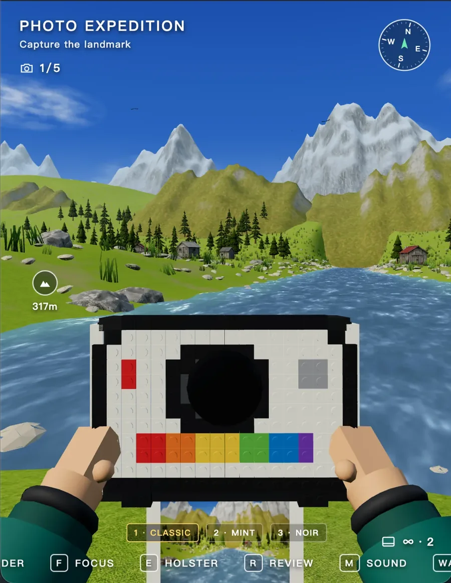 Photo Expedition — a first-person camera viewfinder framing a mountain lake