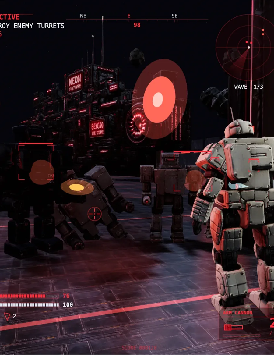 Turret Siege — a red mech advancing on turrets in a neon-lit city