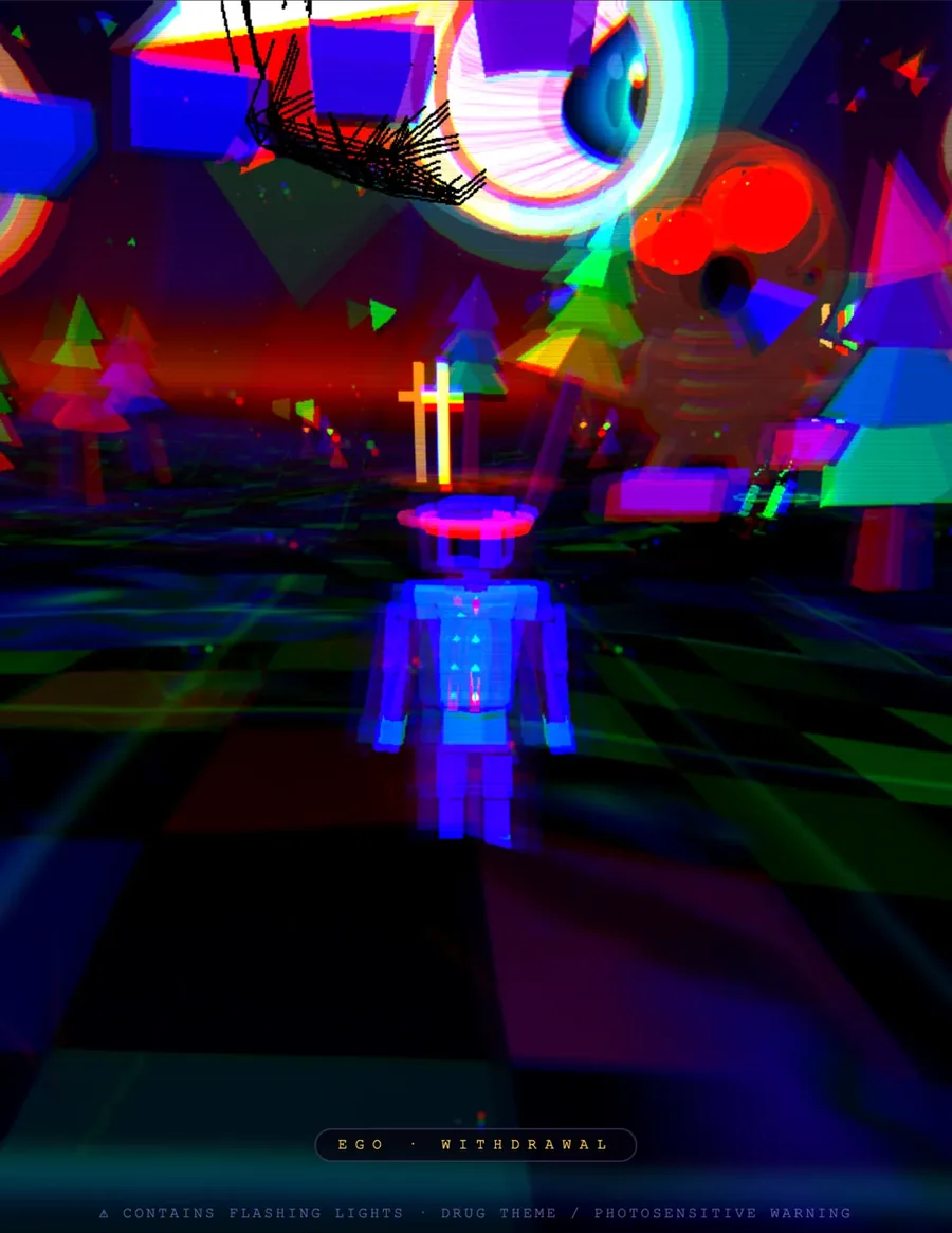 Withdrawal — a glowing figure walking a strobing low-poly forest